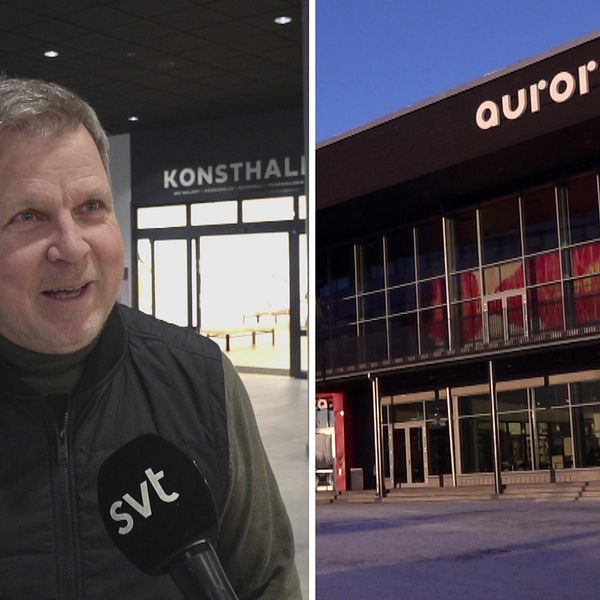 En lycklig Richard Herrey till vänster. Till höger utsidan av Kirunas nya kulturhus Aurora.