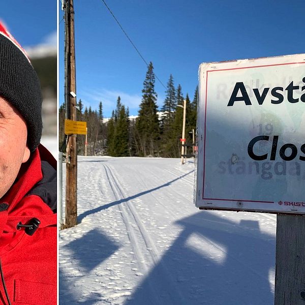 Till vänster: Sebastian Thomasson, Skistars chef i Åre, ler mot kameran och har på sig en röd vinterjacka. Till höger: En skylt med texten ”Avstängt” vid ett av skidspåren som har stängt på grund av värme.