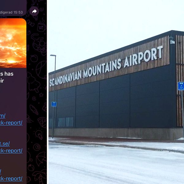en skärmdump från Telegram och sälens flygplats utvändigt.