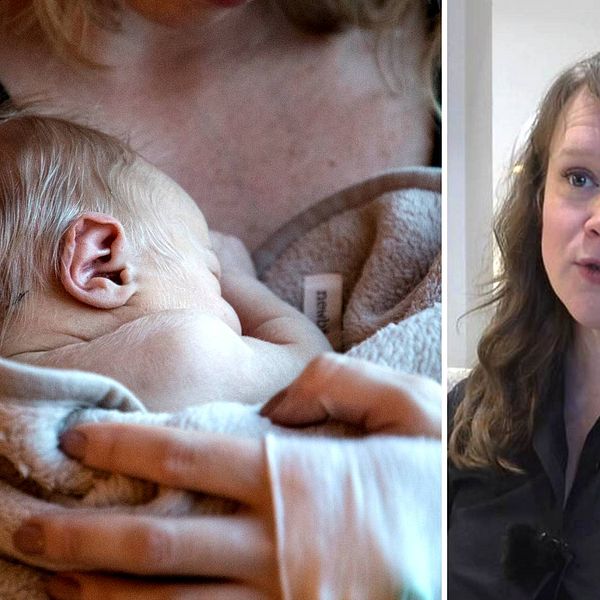 Genrebild på nyfödd bebis i famnen på en kvinna och vårdenhetschef Elin Fjällström.
