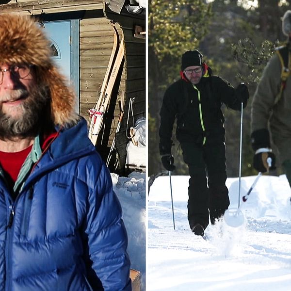 Turistföretagaren Dirk Hagenbuch samt två skidåkare i Solbergskogen i Gällivare kommun.