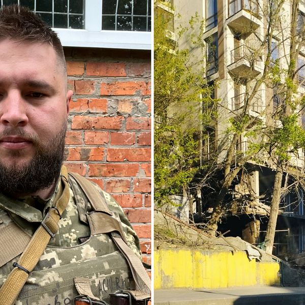 splitbild på Oleksandr och en förtörd byggnad i Ukraina.