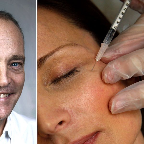 en man som är plastikkirurg, Ulf Samuelsson, och en inzoomning på ett kvinligt ansikte som får injicering (botox, fillers) i en spruta.