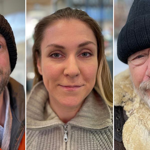 Splitbild med tre personer. Från vänster finns en man med svart mössa och orange jacka. Sedan en kvinna med långt blont hår och beige stickad tröja och till sist en äldre man med svart mössa och vitt skägg.