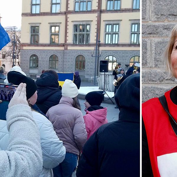 Människor står samlade på ett torg i Eskistuna, det syns blågula ukrainska flaggor, delad bild på en kvinna i röd väst, hon är Solveig Lundström, ordförande i Röda korset Eskilstuna.