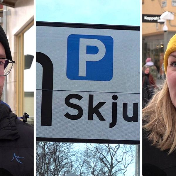 Bengt-Olof Eriksson och Cassandra Sjödin är tveksamma till om färre parkeringar gör att luften i Östersunds city blir bättre. Längst till vänster ser man Bengt-Olof, en man med svart mössa, glasögon och skägg. I mitten en skylt för parkeringsplats. Längst till höger Cassandra med gul mössa och långt blont hår.