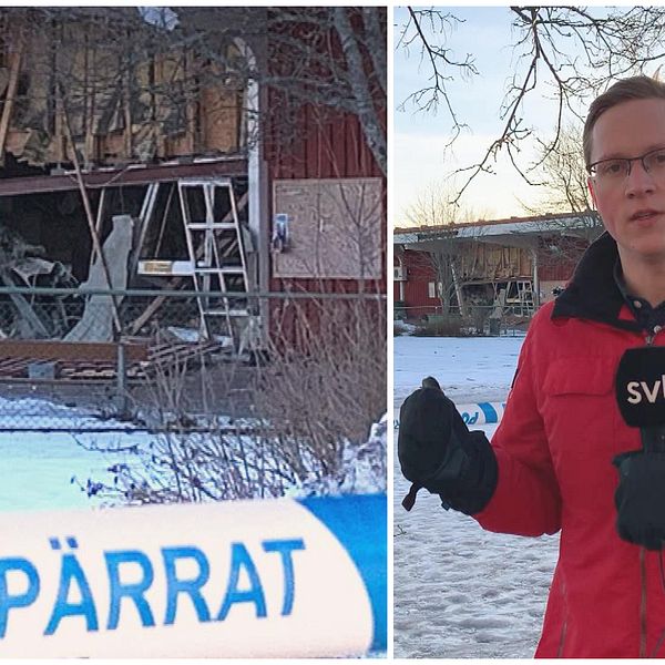 Reporter framför skadad byggnad, vid sidan om närbild på skadad byggnad