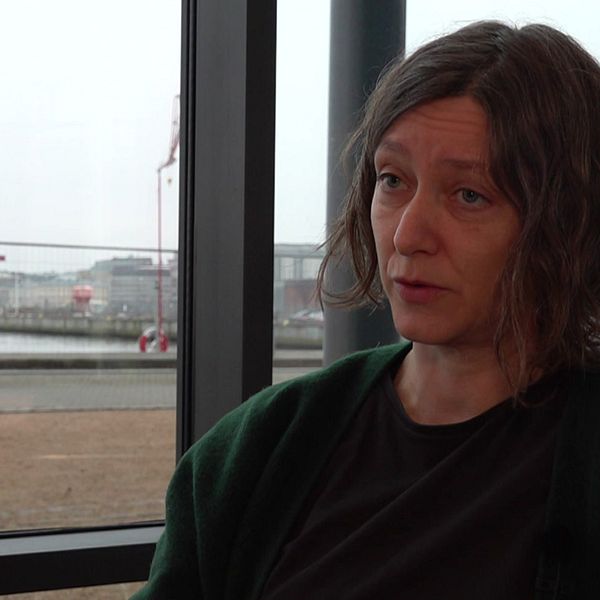 Sara Hornberg, forskare med inriktning på sjömat på svenska forskningsinstitutet RISE, sitter framför fönster. Hon tittar snett förbi kameran. Hon har halvlångt mörkt hår och grön tröja.