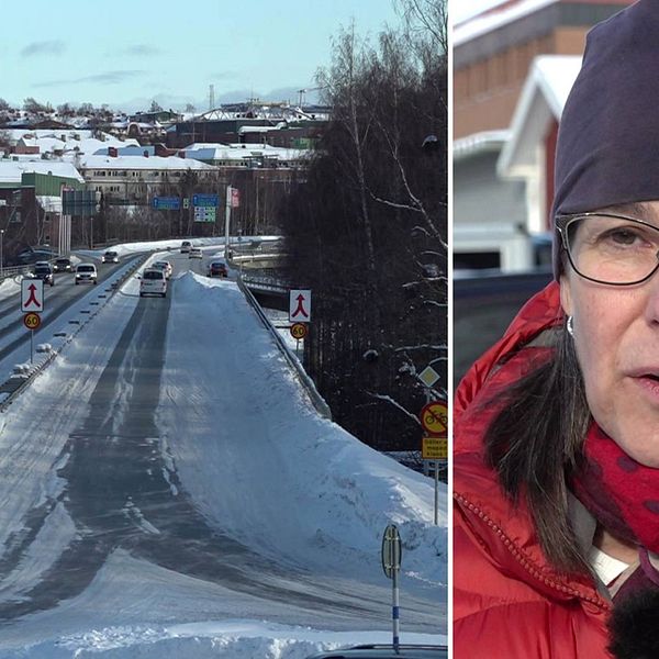 Delad bild. Till vänster vy över Frösöbron med bilar på. Till höger Ann-Charlotte Skoog, klädd i röd jacka och mörkblå mössa.