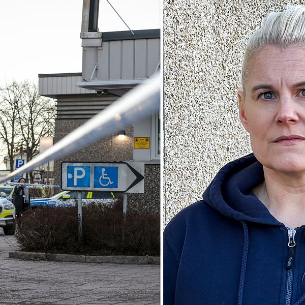 Till vänster Poliser utanför polishuset i Norrköping. Till höger: Sara Walters representerar Polisförbundet i polisregion Öst och berättar om sina tankar efter knivattacken utanför polishuset i Norrköping.