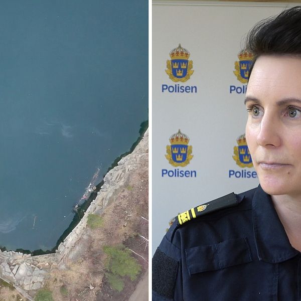 Tvådelad bild: Hynnebergsbrottet fotograferat med en drönarbild från ovan och Karin Eldblom, förundersökningsledare hos polisen i Hallsberg.