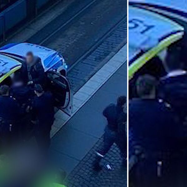 Bild på en blurrad/suddig man som förs in i en polisbil i Brunnsparken precis utanför Nordstan i Göteborg