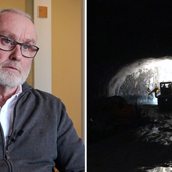 En man, Bo Larsson som är Trafikverkets projektchef för Västlänken, delad bild från en tunnel där en maskin bygger,