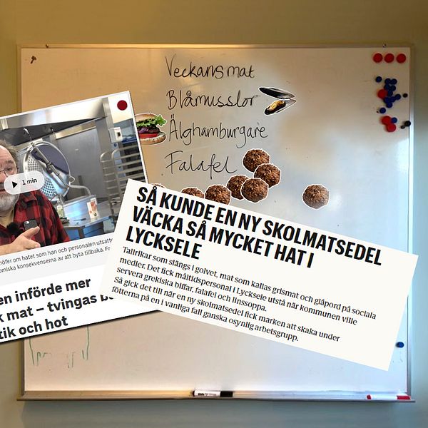 Ett kollage av bilder, rubriker och en whiteboard med en text där det står veckans mat på.