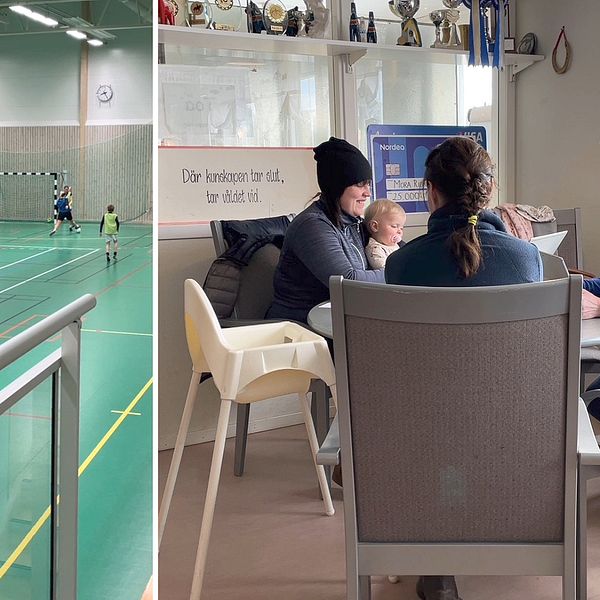en idrottshall inomhus med fotbollspelande tjejer och en föreningslokal med tre kvinnor och en bebis runt ett bord, som talar om hur fler i Dalarna ska bli engagerade i idrottsföreningarna.