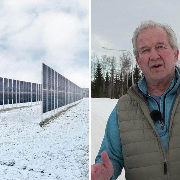 Montage av två bilder. Till vänster syns vertikala solceller och till höger syns markägaren Mikael Hugoson.