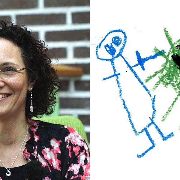 Bildkollage. Till vänster: närbild på Anna Sarkadi, mörkt lockigt hår, ler mot kameran, glasögon utan bågar. Till höger: en barnteckning, en blå gubbe riktar ett svärd mot en grön bakterie, som ser ut som en sol, och har svarta ögon, glad mun, och arga ögonbryn.
