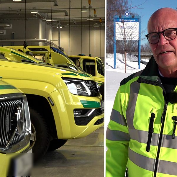 Till vänster ett gäng ambulansbilar uppradade på en inomhusparkering. Till höger Stig Holmberg som svarar på kritiken.