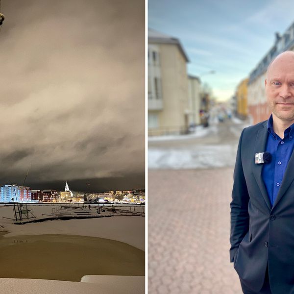 I bild till vänter: en kran och ett istäckt hav i förgrunden Hudiksvalls nya skyline med Kattvikskajen i bakgrunden. I bild till höger: en man i mörkgrå kastym och blå skjorta blickar in mot kameran.