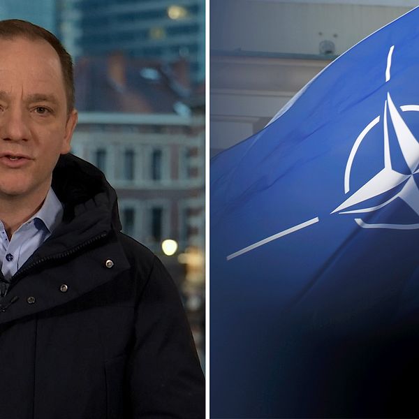 SVT:s Europakorrespondent till vänster. Till höger Natos flagga.
