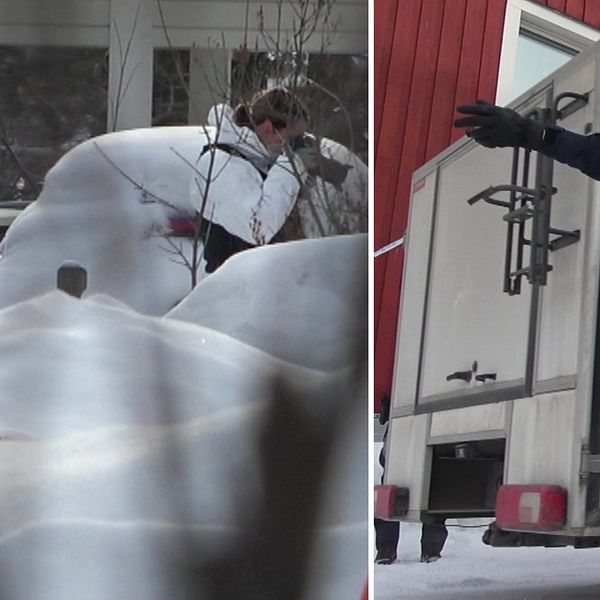 Polisens tekniker undersöker brottsplatsen i Luleå där en man misstänks för mord på två anhöriga.