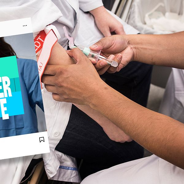 Manlig sjuksköterska tar blodprov på patient. Skärdump från kampanjens instagramsida.