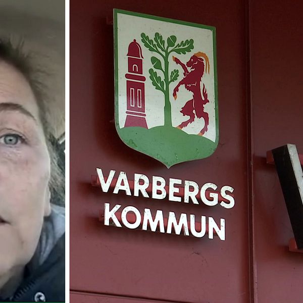 Dubblebild: Närbild på kvinna samt Varbergs vapen på röd husvägg