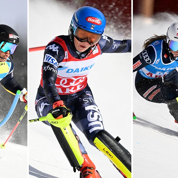 Anna Swenn Larsson och Hanna Aronsson Elfmann skuggar Mikaela Shiffrin efter första slalomåket.