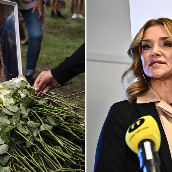 Fotografi av Adriana, med en hög av vita rosor framför, vid en minnesplats på hennes skolgård. Till höger åklagare Anna Svedin vid presskonferens.