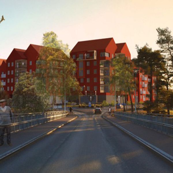 ett par höghus illustrerade. som är tänkt ska byggas i Leksand vid södra brofästet.