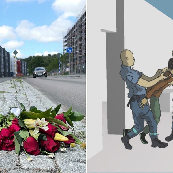 En bild på blommor på brottsplatsen och en tecknad bild på ena brodern och två vakter.