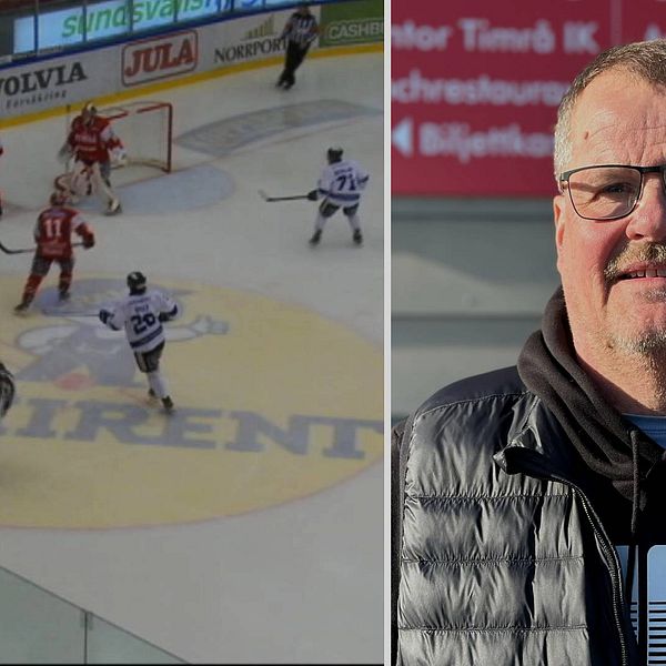 Till höger står Lars Backlund med ett leende på läpparna och till vänster spelar Timrå IK hockey.