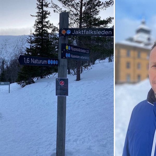 Delad bild, med dels en bild på ett fruset vattenfall i Fulufjällets nationalpark med skyltar i förgrunden. Den andra bilden en man i blå jacka.