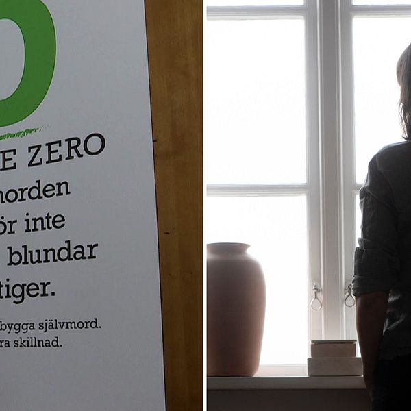 Vänster: Info-skylt från ”Suicide zero” Höger: silhuett av (deprimerad) kvinna vid fönster.
