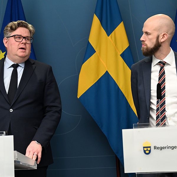 Gunnar Strömmer och Carl-Oskar Bohlin håller en pressträff.