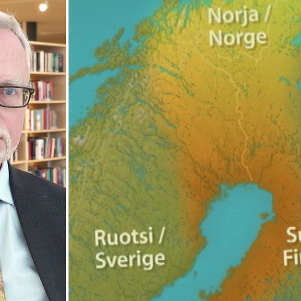 Historieprofessorn Dick Harrison och en karta på området i Sverige, Finland och Norge där kvänerna har huserat.