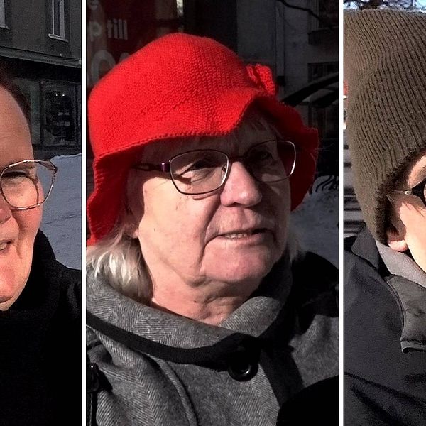 Tre människor med glasögon. En med röd hatt.