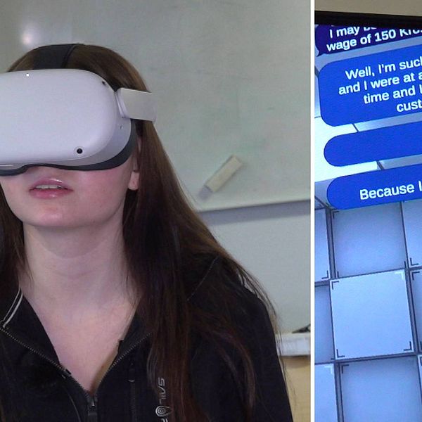 Matilda Sanner har långt brunt hår och har på sig ett VR-headset där hon pratar lönehöjning på engelska med en digital, manlig karaktär.