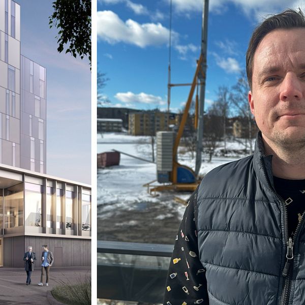 Till vänster kan man se hur hotellet ser ut när den ska vara färdigbyggt och till höger står Jon Hillgren med ett leende på läpparna.