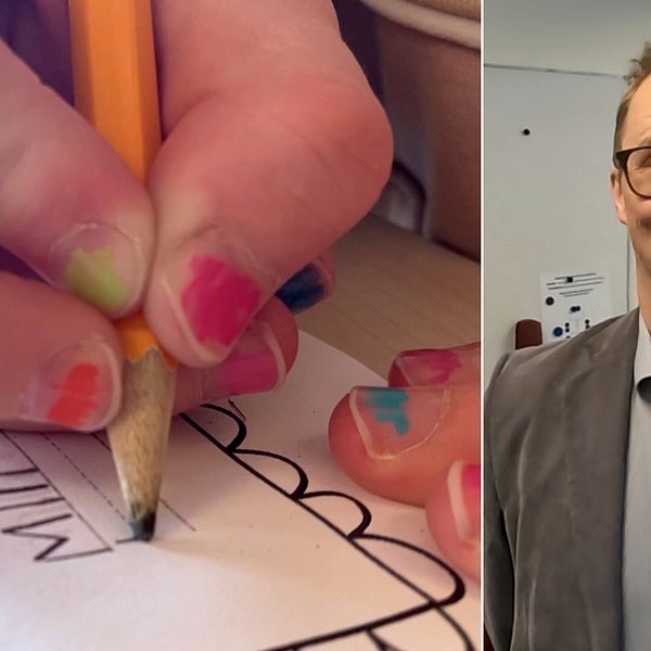 Tvådelad bild. I bilden till vänster håller skriver en barnhand med nagellack på ett papper med en blyertspenna. I bilden till höger står kommunalrådet i glasögon och ler.