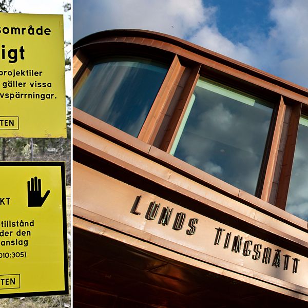 Till vänster en skylt med varning för skyddsobjekt. Till höger en bild på Lunds tingsrätt.