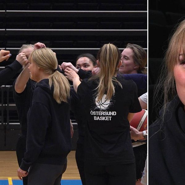 Östersund baskets tränare, Alva Stark, står tillsammans med resten av laget ute på planen i Östersunds sporthall.