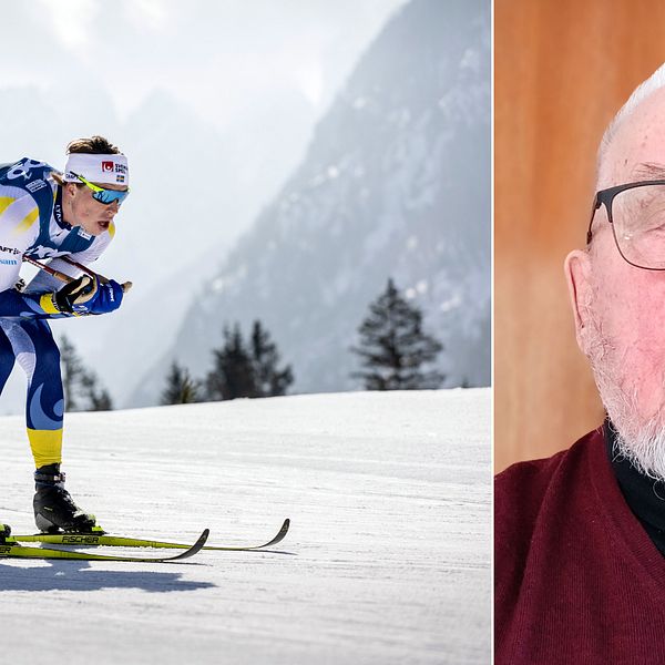 Vasemmalla William Poromaa osallistuu hiihdon MM-kisojen 50 kilometrin kilpailuun Planicassa Sloveniassa maaliskuussa 2023. Oikealla kuvassa sukututkimusta tehnyt Esko Orajärvi.