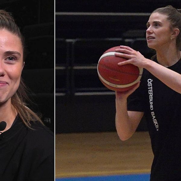 Östersund Baskets spelare Stina Dahlin är på väg att skjuta iväg en basketboll.