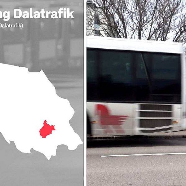 En bild på en karta och en på en buss i Dalarna.