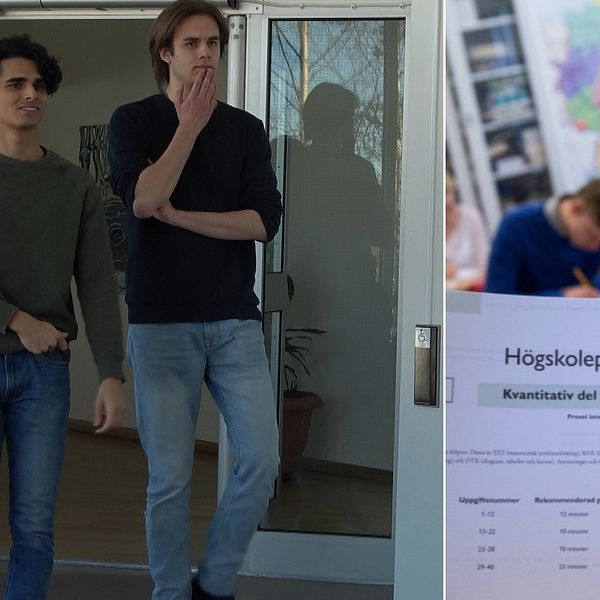 Hugo Normark och Valdemar Granberg Lidén går i korridoren mot salen där högskoleproven görs. Till höger en bild på ett klassrum med elever i periferin av ett högskoleprov.