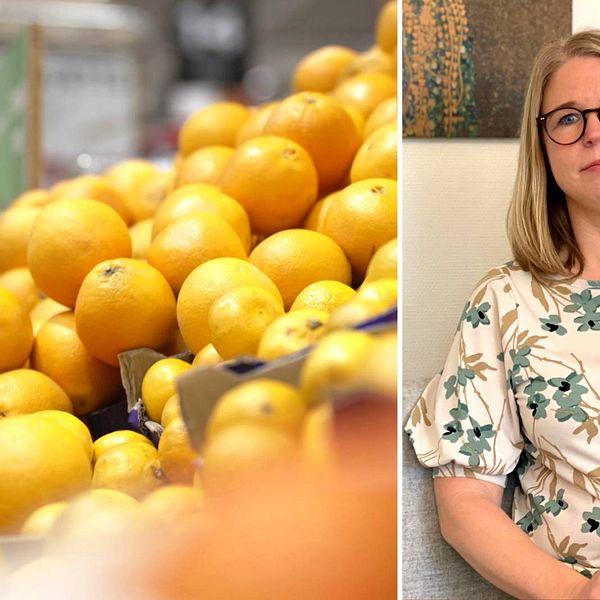 Till vänster: citroner i en matbutik. Till höger: Marita Sturesson, budgetrådgivare i Klippans kommun.
