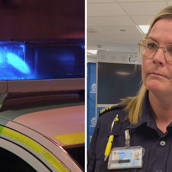 Bilden är ett montage. Till vänster syns blåljus av en polisbil och till höger syns Josefine Perming Tengqvist, hon står inomhus i sin polisuniform.