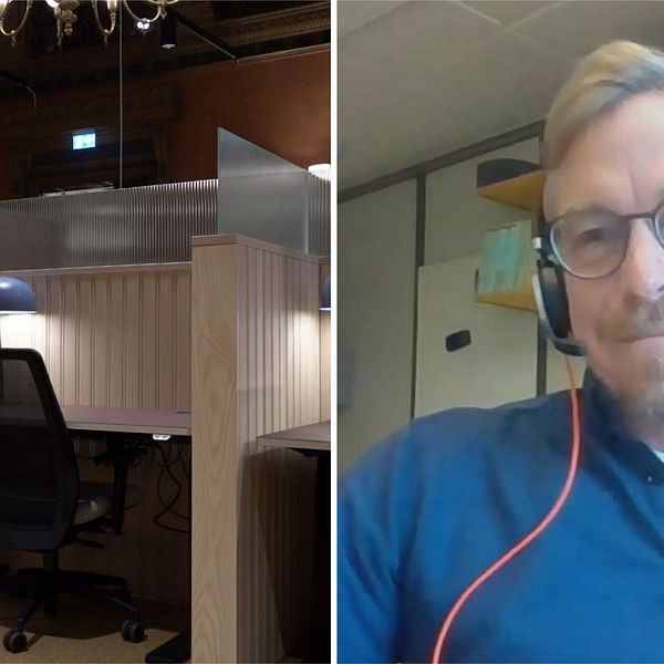 två bilder i en. Till vänster: kontor. Till höger: Calle Rosengren, blont hår, glasögon.