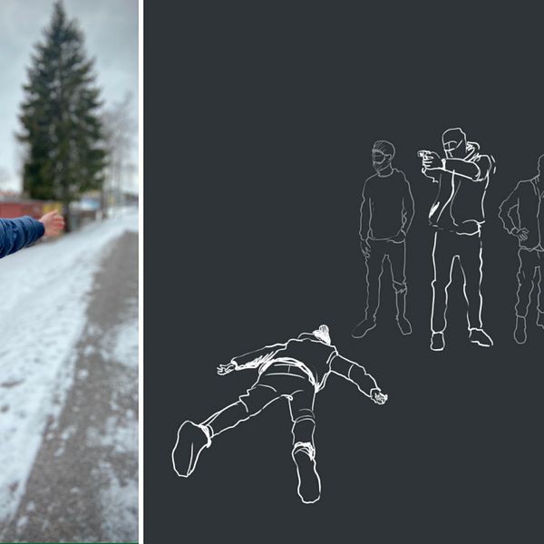 I bild till vänster: en man i toppluva och täckjacka pekar längs en cykelväg. Till höger: en illustration som visar en man som håller i en pistol, en man ligger på marken och tre andra personer står och tittar på.